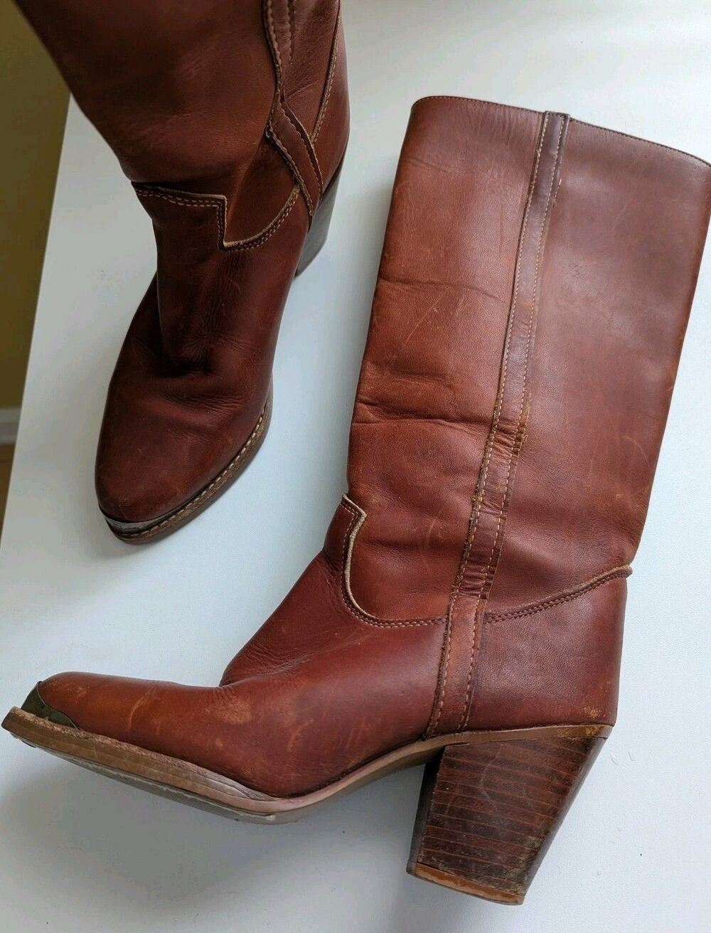 VTG 80s Cognac Brown Leather Boots Pull-On 8 1/2 Zodiac Block Heel Western Boho